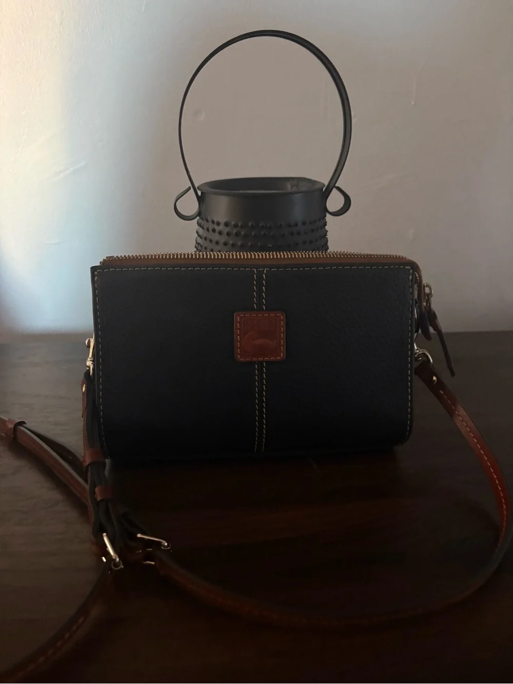 Dooney & Bourke Black Leather Crossbody with Brown Trim